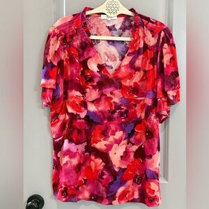 Beacon Red Pink Purple Floral V-Neck Flutter Sleeve Top